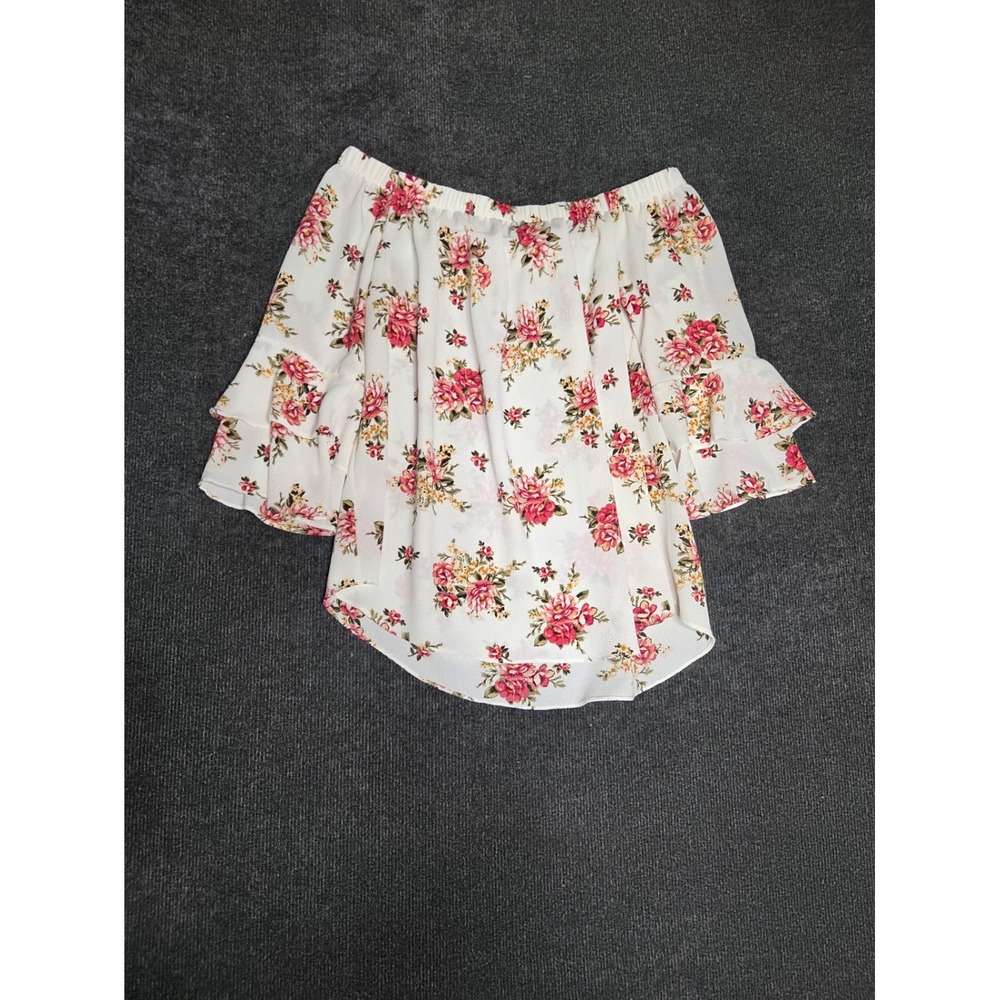 Moa Moa Womens Floral Off the Shoulder Ruffle Sleeve Blouse White Pink Large